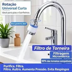 Filtro para Torneira 360° com Arejador Antirrespingo e Cartucho Visível Removível, Rosca 22 mm para Cozinha e Banheiro