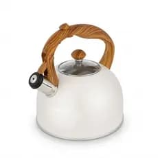Chaleira Com Apito Mor Wood Bege 2,5 Litros Inox Cabo Soft Touch De Madeira Para Chá E Café