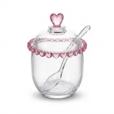 Açucareiro de Cristal Lyor Coração com Colher Mesa Posta Decoração Cozinha Transparente Rosa