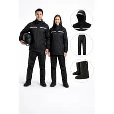 Kit Capa de Chuva impermiável preta com capuz e faixa refletiva + Capa para Bota com solado antiderrapante cano alto
