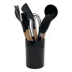✨Conjunto Utensílios Silicone 8 Peças com Suporte Resistente ao Calor Não Risca Panela Cabo Madeira