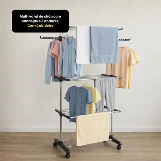 ✨Multi Varal de Chão 3 Andares Dobrável Rodinhas 360° Suporta 48kg Vertical Grande com Cabideiro