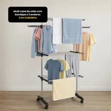 ✨Multi Varal de Chão 3 Andares Dobrável Rodinhas 360° Suporta 48kg Vertical Grande com Cabideiro