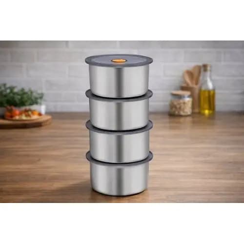✨Conjunto Potes Hermeticos Inox 450ml Armazenamento Seguro Conservacao Alimentos 4 Pecas