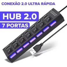 Adaptador USB 7 Portas com Chave Liga/Desliga e LED Azul Entradas Plug & Play