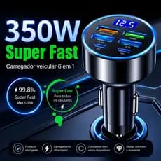 Carregador Veicular 350W Turbo 6 Portas Turbo USB + USB-C PD Carga Rápida Display Led