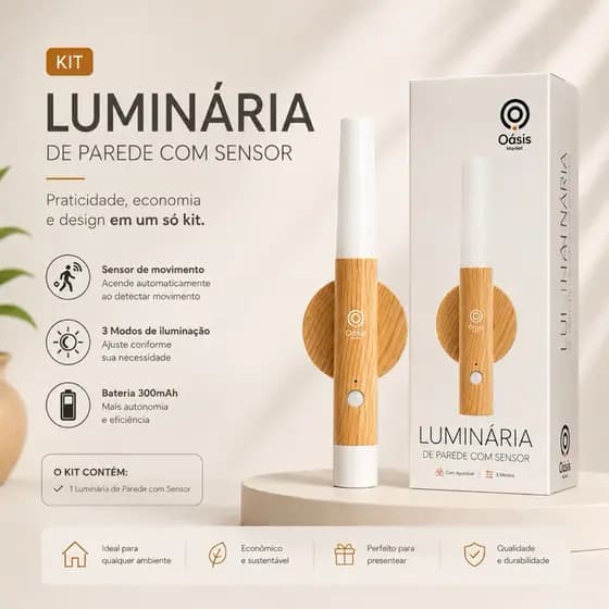 Luminária LED de Parede com Sensor de Movimento Recarregável 3 Modos Luz Noturna Sem Fio