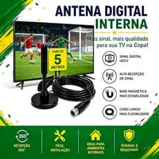 Antena Digital HDTV UHF VHF FM Interna e Externa Cabo 5mt Prova D'água  Base Imã Amplificada 3,5 dbi