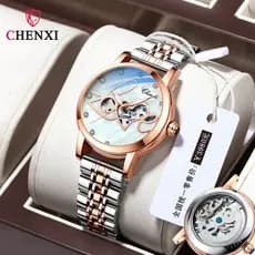 Chenxi novo estilo moda luminosa relógio à prova dwaterproof água feminino senhoras banda de aço sólido oco relógio mecâ