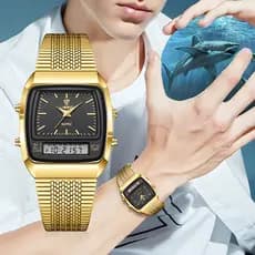 Relógio de pulso masculino com pulseira de aço sólido, Display duplo, movimento duplo, relógio eletrônico de quartzo