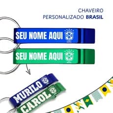 Kit Chaveiro Personalizado Brasil Copa Brasão + Nome Abridor Pé de Galinha Gravação Laser Azul Verde