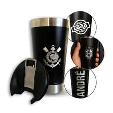 Copo Térmico Personalizado 473ml Inox Preto + Tampa Abridor Gravação Laser Nome Logo Time Símbolo