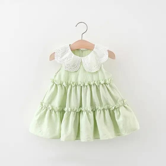 Novo Vestido de Verão Estilo Coreano para Meninas, Vestido Infantil Sem Mangas com Gola de Pétalas Brancas (9 meses a 4