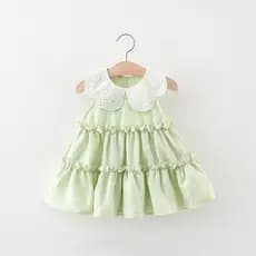 Novo Vestido de Verão Estilo Coreano para Meninas, Vestido Infantil Sem Mangas com Gola de Pétalas Brancas (9 meses a 4
