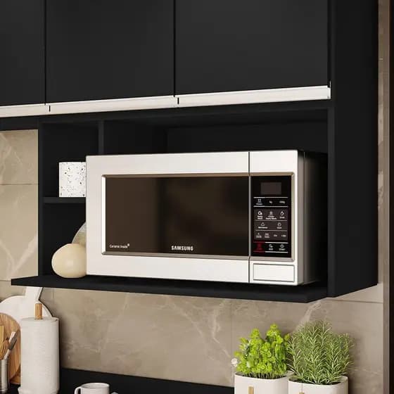 Suporte Microondas Aéreo 81cm com Nicho Adega Miami Preto   - Lumil