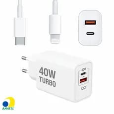 Carregador Iphone Turbo Fonte 40W 2 Entradas USB e USB-C + Cabo Tipo-C-Lightning Suit Rápido