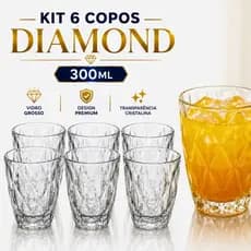 Jogo 6 Copos Diamond 300ml Vidro Grosso Transparente Copo de Vidro Luxo Água Suco Whisky Drinks