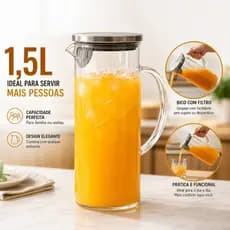 Jarra de Vidro Borossilicato 1,5L com Tampa Inox Hermética para Água Suco Chá Café
