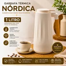 Garrafa Térmica Nórdica 1 Litro Creme Cabo Madeira Café Chá