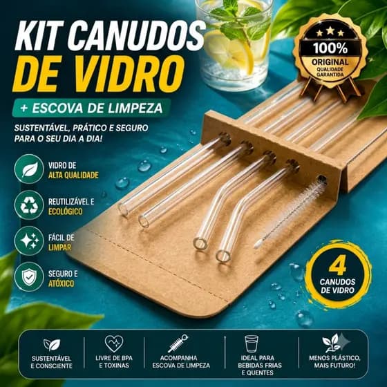 Kit 4 Canudos de Vidro para Drinks, Sucos e Milk Shake + Escova de Limpeza Ecológico e Higiênico