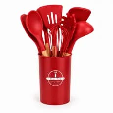 Kit 12 Utensílios Silicone Premium Cabo Madeira Antiaderente