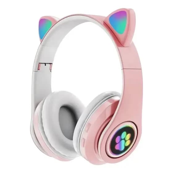 Fone de Ouvido Sem Fio Gatinho Rosa Dobrável Recarregável