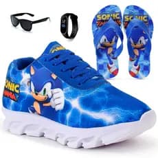 Kit Tênis Infantil Menino Sonic Casual + Chinelo Infantil + Relógio Digital + Óculos