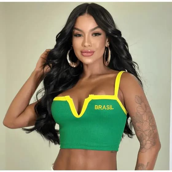 Cropped Top Feminino Brasil no Tecido Ribana Bordado Decote V
