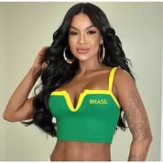 Cropped Top Feminino Brasil no Tecido Ribana Bordado Decote V