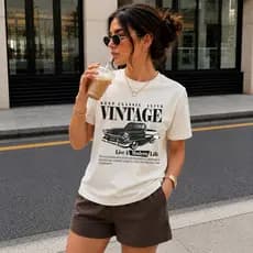 Camiseta Feminina Estampada 100% Algodão Carro Vintage Retrô Manga Curta Casual