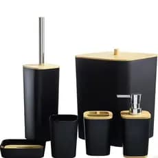 Kit Banheiro 6 Acessórios Lavabo Detalhes Bambu Lixeira Fechada Saboneteira Porta Escova De Dente