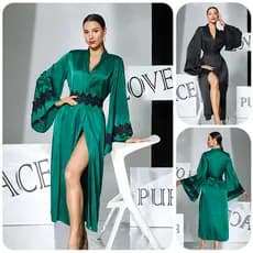 Estilo solúvel em água flor cinto trompete manga camisola cetim longo rendas luz luxo Loungewear Multi-cor opcional 1145