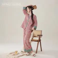 Novo estilo chinês fio-tingido gaze Jacquard pijamas senhoras primavera outono estilo fino tornozelo comprimento manga d