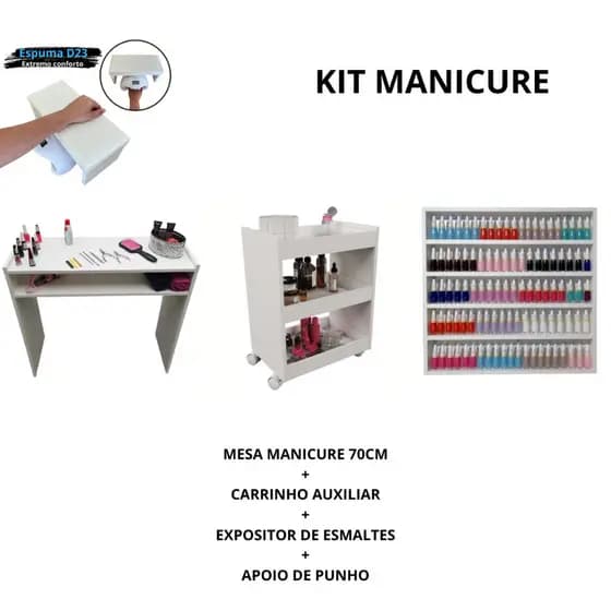 Kit Mesinha Manicure + Carrinho auxiliar + Expositor de Esmaltes + Apoio de punho Branco