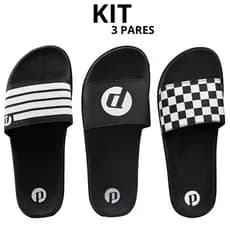 Kit 1,2 e 3 Pares Slide Chinelo Preto Xadrez Listrado Macio
