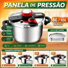 304Panela de Pressao Inox 6L/10L 100kPa com Cesto de Vapor