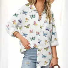 Camisa Feminina Manga Longa Borboleta Estampa Casual Blusa Confortável de Larga Colarinho