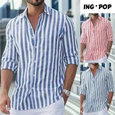 Camisa Social Masculina Casual Bloco de Cores Verão Manga Longa Com Listras E Linho Gola Botão