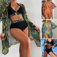 Conjunto De Praia Bikini Com Cabresto Triângulo Estampa Tropical E Quimono Combinando Praia Verão