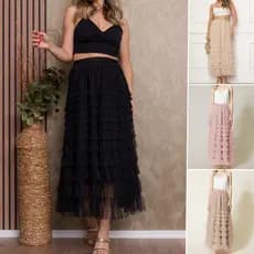 Saia Feminina Elegante Camadas Tule Moda Midi Comprida Longa e Elastica Saia de Babado