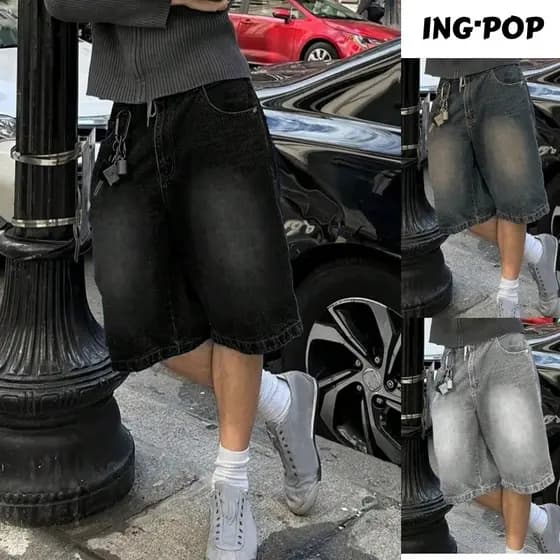 Jeans Masculino Casual Largas e Soltas Estilo Shorts Denim e Lavagem com Bolsos Inclinados