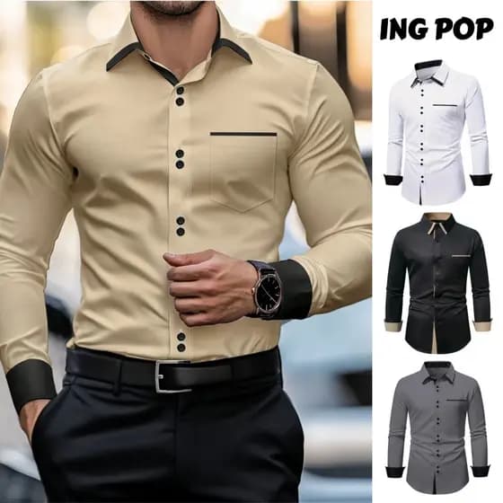Camisa Social Masculina Casual Slim Fit Top de Manga Longa com Coloridos em Contraste