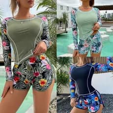 Conjunto De Maiô Feminino E Shorts De Manga Comprida Proteção Solar Estampado Floral 2 Peças