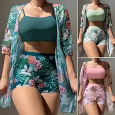 Conjunto De Maiô Biquínie Feminino Cordão Estampa Com Praia Kimono Três Peças Bikini Sets