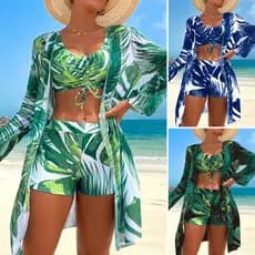 Conjunto De Biquíni Estampado De Manga Longa Em Kimono Como Maiô 3 Peças Para Mulheres