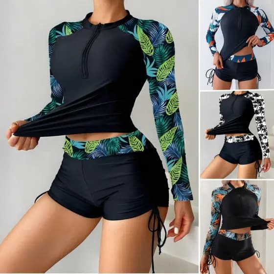 Maio Feminino Praia 2 Peças Blusa De Manga Longa Zíper E Shorts Estampa Tropical Tankini Feminino