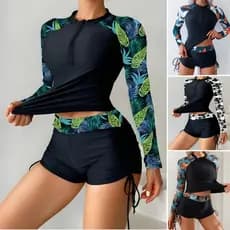 Maio Feminino Praia 2 Peças Blusa De Manga Longa Zíper E Shorts Estampa Tropical Tankini Feminino