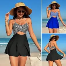 Maiô Feminino Praia Uma Peça Férias Listras Decote Vazado e Alças Cruzadas nas Costas