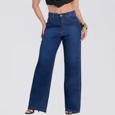 Calça Jeans Wide Leg Feminina 100% Algodão Cintura Alta Tecido Premium