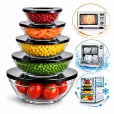 Conjunto De 5 Vasilhas Potes Tigelas De Vidro Tampa Redondo Herméticos Bowls Para Marmita  Armazenamento De Alimentos